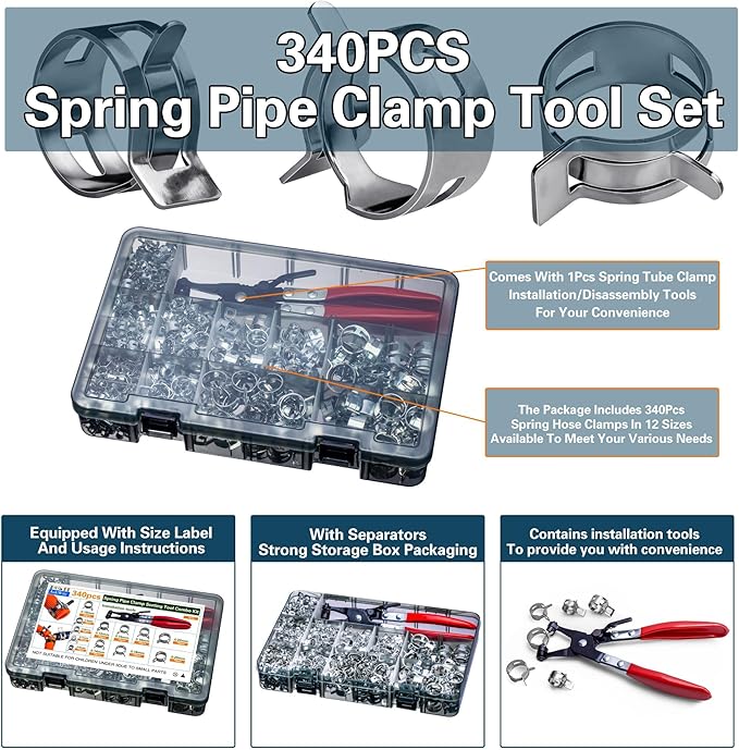 340pcs Spring Pipe Clamps, With Spring Pipe Clamp Tools, 12 Sizes 6-22mm Spring Hose Clamps, Used To Fix Hose Interfaces In Automotive, Marine, Gardening, Industrial Applications