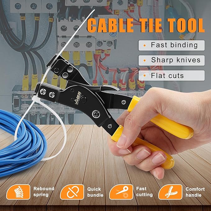 Zhushan Nylon Cable Tie Bundling Tool, 2-in-1 Zip Tie Plier and Cutter Tool with Adjustable Tension, Fastening and Cutting for 2.4-12mm Ties