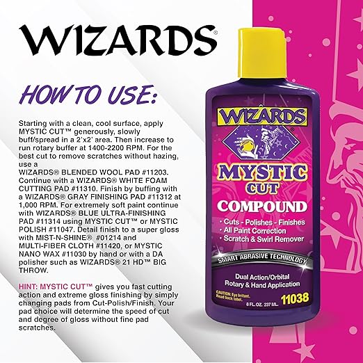 Wizards Mystic Cut Smart Abrasive for Auto Detailing Supplies - No Mess Scratch Remover for Vehicles - Water Based Cutting Compound - Removes Swirls, Defects, Fading, Water Spots - 8 oz