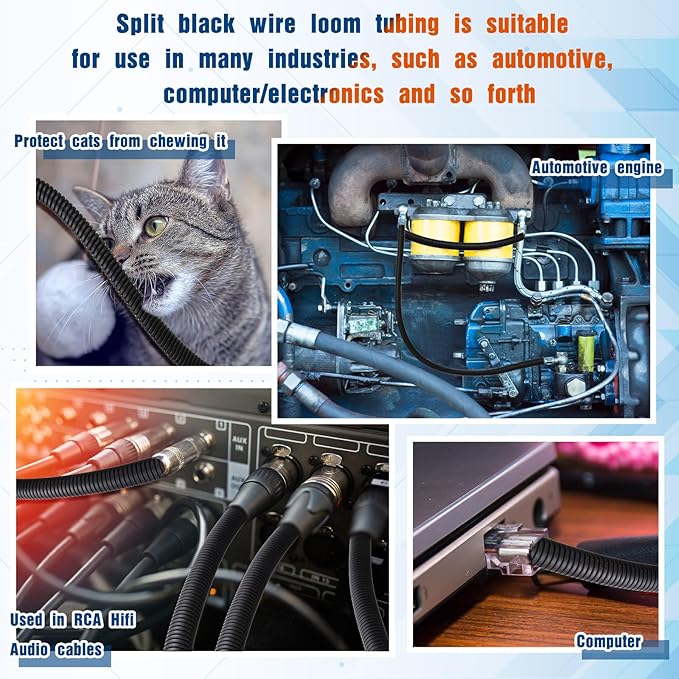 Sasylvia 1/4, 3/8, 1/2, 3/4'' X 25 ft Split Wire Loom Cord Protector Tubing Split Conduit Protector Tubing Convoluted Tube Flexible Electrical Wire Cover Protective Sleeves(Black)
