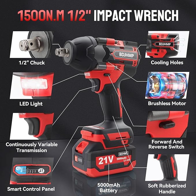 Cordless Impact Wrench 1/2 Inch, 1500 N.m/1106ft-lbs Brushless Impact Gun Compatible with Makita 18V Batteries, 5000 RPM High Torque Electric Power Impact Driver Set for Car Home (Red)