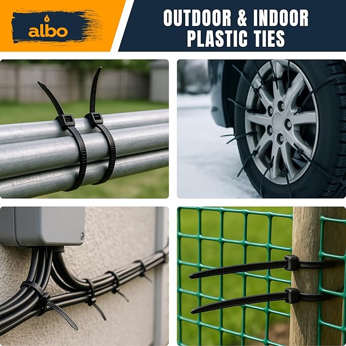 ALBO Zip Ties Black 8 Inch 1000 Pack 40 lb, Long Plastic Cable Ties Thick 0.14 Inch Tie Wraps Heavy Duty UV Resistant Nylon Wire Ties for Indoor and Outdoor