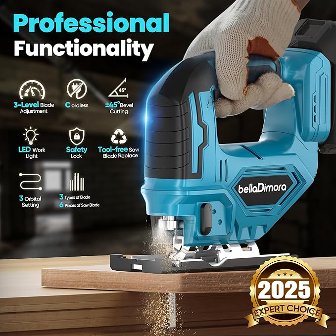 Cordless Jigsaw with LED Work Light, 0°- 45° Bevel Cuts, 3 Orbital Settings for Straight/Curve/Bevel/Circle Cutting (Compatible with Makita 18V Battery)