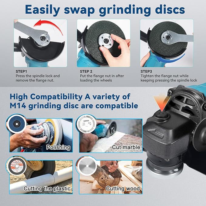 Housiwill Cordless Angle Grinder,Grinder Tool With 2-Position, 125MM M14 Professional Electric Power Grinder, 7500RPM Cordless Metal Angle Grinders For Cutting, Grinding