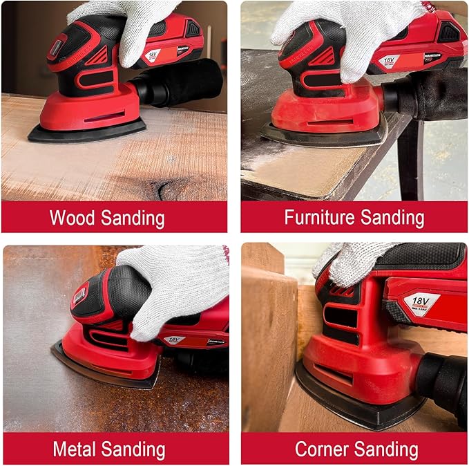 1.9Amp Cordless Detail Sander Compatible with Milwaukee 18v Battery, Dust Collector, Brushless 12,000 OPM Speed, Compact Soft Palm Grip, 10pcs Sanding Pads, 2.0Ah Charger & Battery Kit (Red)
