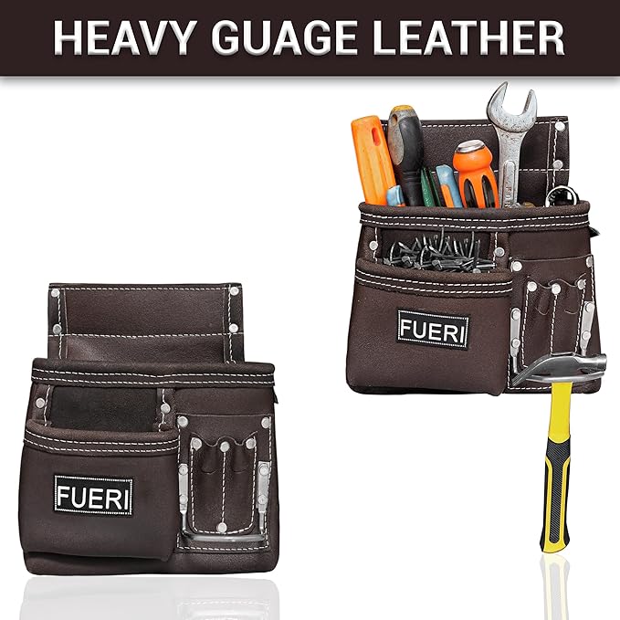FUERI Leather Tool Belt Bag Men Pouch Heavy Duty Tools Pouches Organizer for Carpenter Construction Electrician Belts Bags Holder (11 Pocket Chocolate, Adjustable)