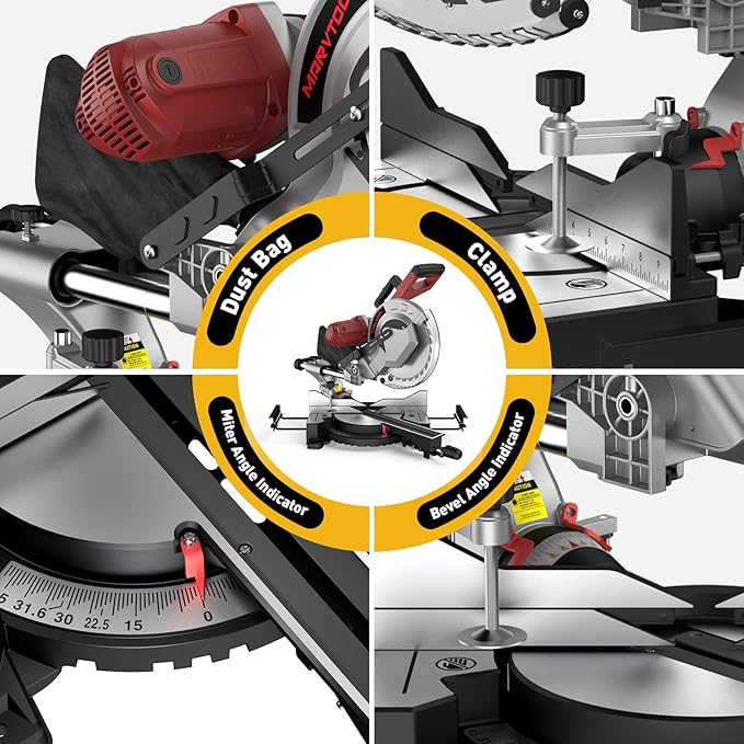 12-Inch Dual-Bevel Sliding Compound Miter Saw, 3800RPM, 15 Amp, Single Bevel 0-45° with Extension Table, 36T Blade, Power Saw for Metal, Plastic, Wood, Laminates