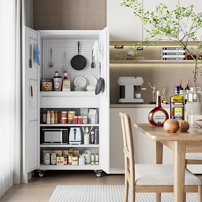 Aobabo Metal Storage Cabinet with Wheels and 1 Interior Drawer, Steel Rolling Tool Cabinet with 16 Hooks and 2 Adjustable Shelves for Garage, Home, Office, Kitchen Assembly Required, White