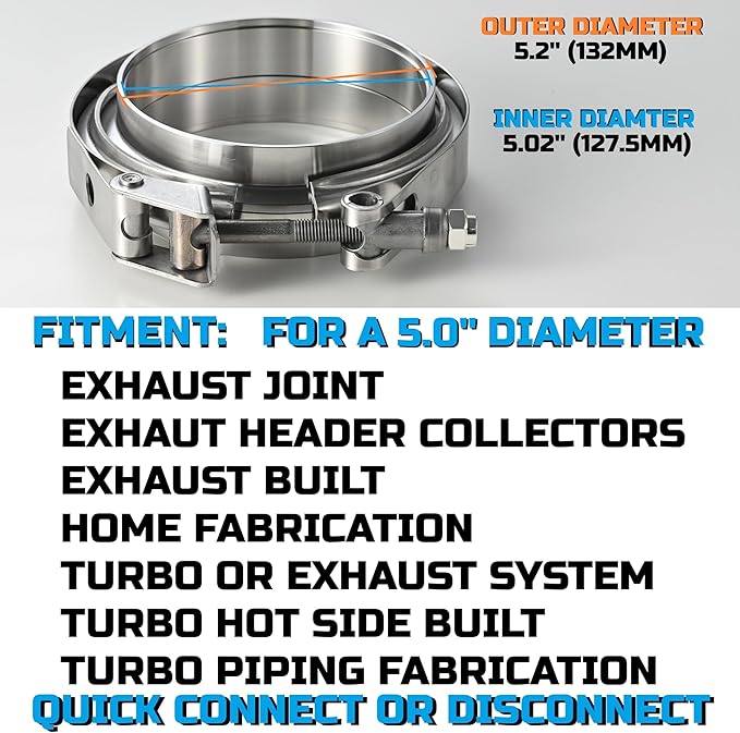 Quick Release Stainless Steel V Band Clamp with Male Female V Band Flange Kit for Exhaust, Turbocharger, Turbo or Downpipe, Sold In 1 Piece (5.0‘’)