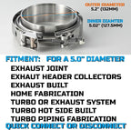 Quick Release Stainless Steel V Band Clamp with Male Female V Band Flange Kit for Exhaust, Turbocharger, Turbo or Downpipe, Sold In 1 Piece (5.0‘’)