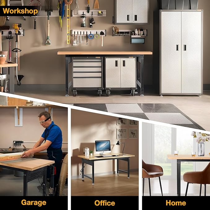 Height Adjustable Workbench 60”×22” Heavy Duty Work Table 2000 LBS Load Capacity Rubber Wood Work Station with Power Outlet & Pegboard for Garage, Office, Workshop, Home, Party Shop