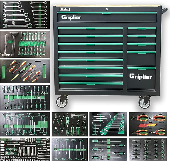 14-Drawers Rolling Tool Chest with Wood Workbench,Brake Casters,Lock & Key,Heavy-Duty Steel Tool Cabinet Storage, for Home,Garbge or Workshop Use (14 Drawer + 348 Pieces Tools)
