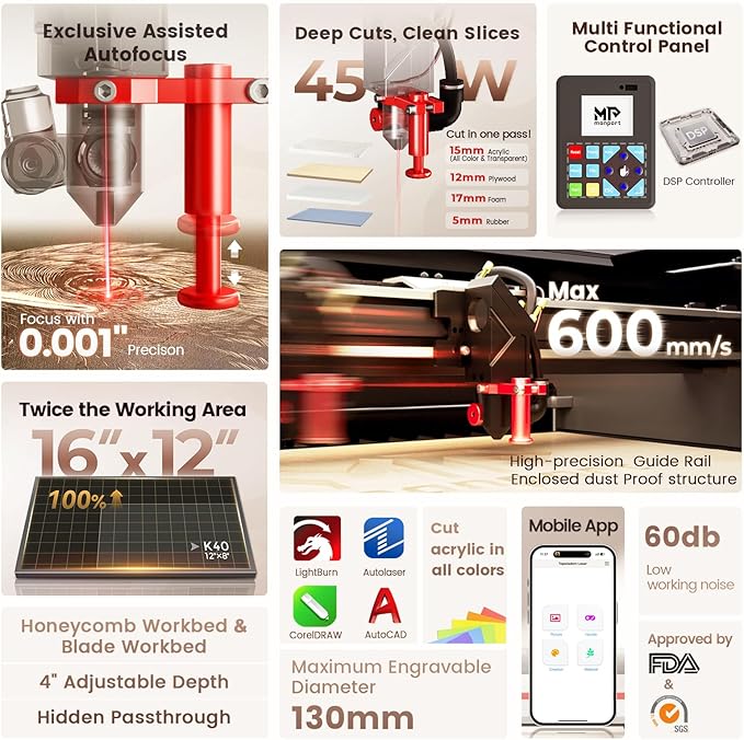 Monport Reno-45 Pro Vision Upgrade 45W Desktop CO2 Laser Engraver, 16x12 Workbed Laser Engraving Machine, 8MP HD Camera and Magnetic Assisted Autofocus, Z-axis Adjustable for Wood Acrylic Glass More