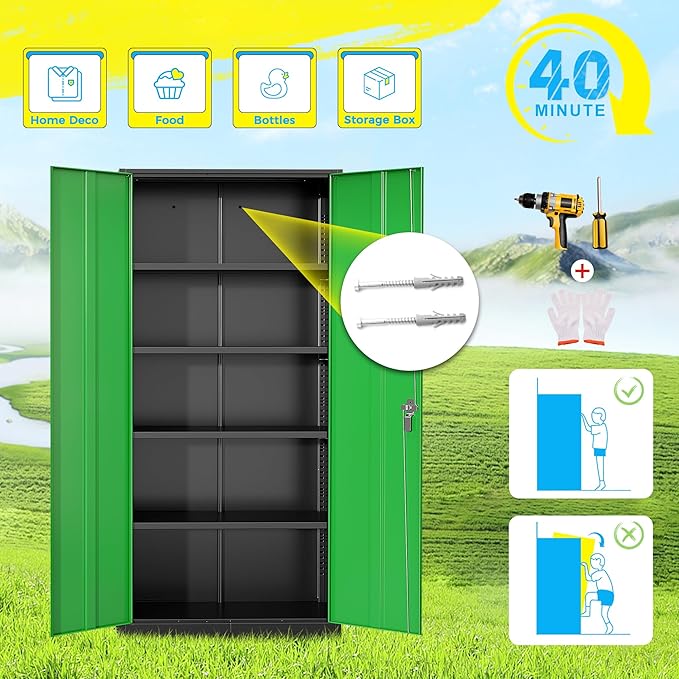 Pataku Metal Storage Cabinet, 72" Garage Cabinet with Doors and Shelves Lockable Steel Multifunctional Cabinets, File Cabinets for Home, Office, Warehouse(Black Green)