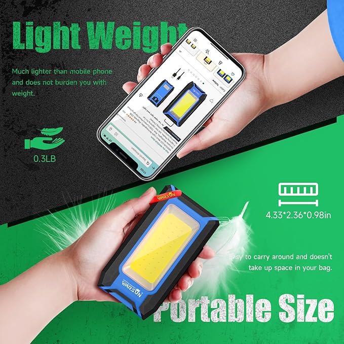 WARSUN LED Work Light Rechargeable, Magnetic COB Portable Worklights, 40w 1500 Lumens,Metal Hanging Hook 3 Lighting Modes, Job Site Lighting for Car Repairing,Camping,Hunting Repairing, Blue