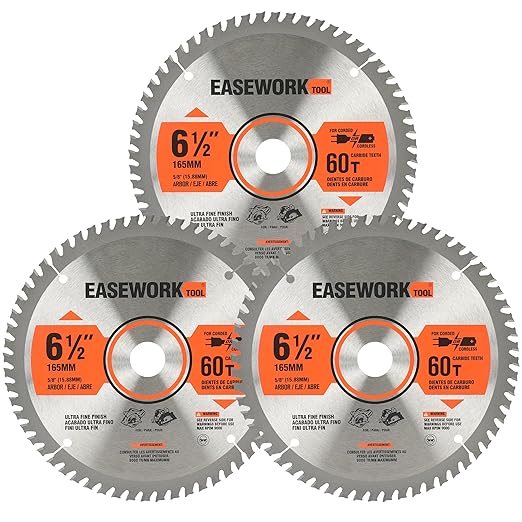 EASEWORK 6-1/2 Inch Circular Saw Blade, 60T, 5/8" Arbor, ATB Carbide Teeth, 3-Pack, Ultra-Fine Finishing for Softwood & Hardwood Crosscutting, Fits DEWALT DCS391B, DCS565B, Makita XSS02Z