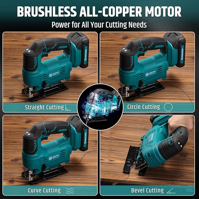 Cordless Jigsaw for Makita 18V, Brushless, 1000-2900SPM, 4-Position Orbital, 65mm Wood/Metal/PVC Cutting, Vacuum, LED Light, T-Shank Blade, with Battery & Charger, 0°-45°Bevel Cuts