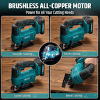 Cordless Jigsaw for Makita 18V, Brushless, 1000-2900SPM, 4-Position Orbital, 65mm Wood/Metal/PVC Cutting, Vacuum, LED Light, T-Shank Blade, with Battery & Charger, 0°-45°Bevel Cuts