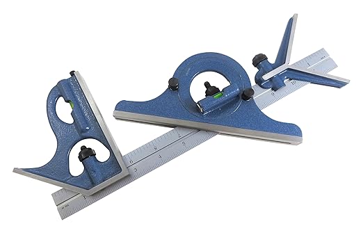 PEC 12" 4R 4 Piece Combination Machinist Square with reversing Protractor Marked with 1/32", 1/64", 1/8", 1/16"