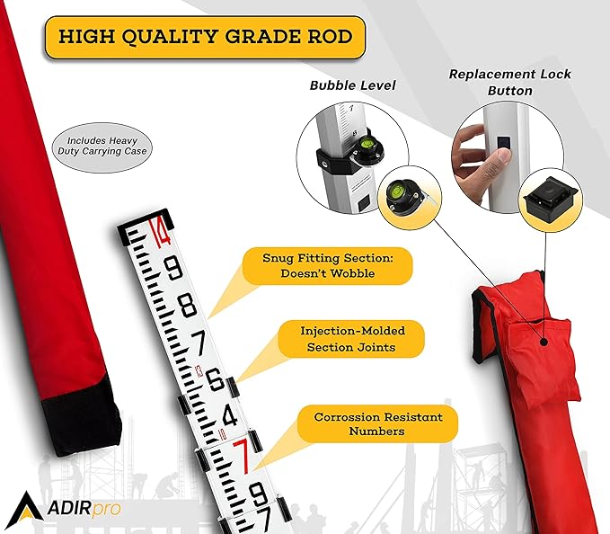 AdirPro 14-Foot Aluminum Grade Rod – 10ths, Dual Sided 4-Section Telescopic Leveling Rod – Bubble Level and Soft Carrying Case Included