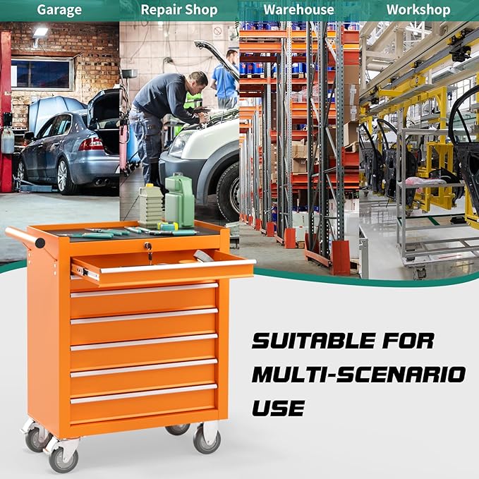 7-Drawer Rolling Tool Chest with Wheels, Tool Box with Locking System and Sliding Drawers, Tool Box Organizer for Garage, Warehouse, Workshop(Orange)