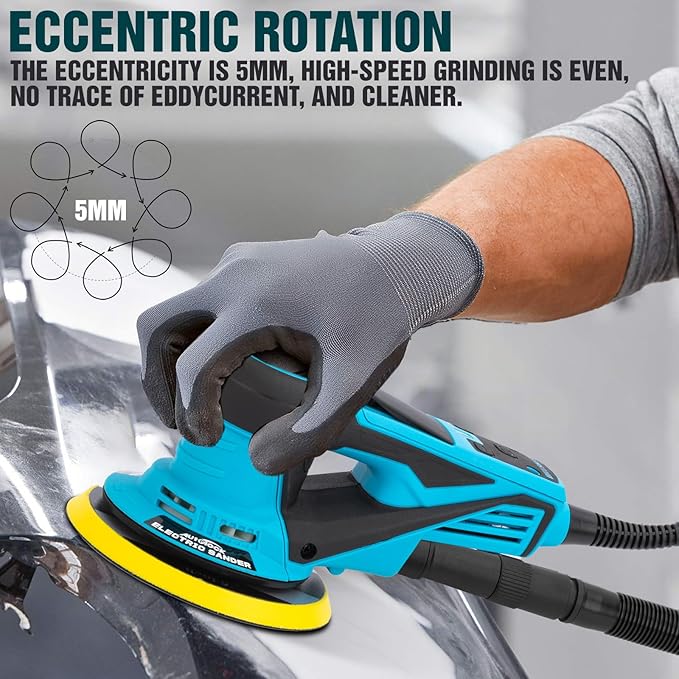 Autolock Electric Random Orbital Sander, 350W Brushless Motor with 5 & 6 Inch pads, 10000RPM Electric Palm Sander for Woodworking, Sanding and Polishing (Blue)