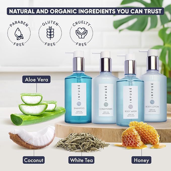 1-Shoppe Infuse 40 Piece Ecobox All-In-Kit | White Tea and Coconut Soap | 12 Shampoo, 8 Conditioner, 12 Body Wash & 8 Lotion | 10oz Hotel Soaps and Toiletries Bulk | Personal Care Products-VeraVaultWomen
