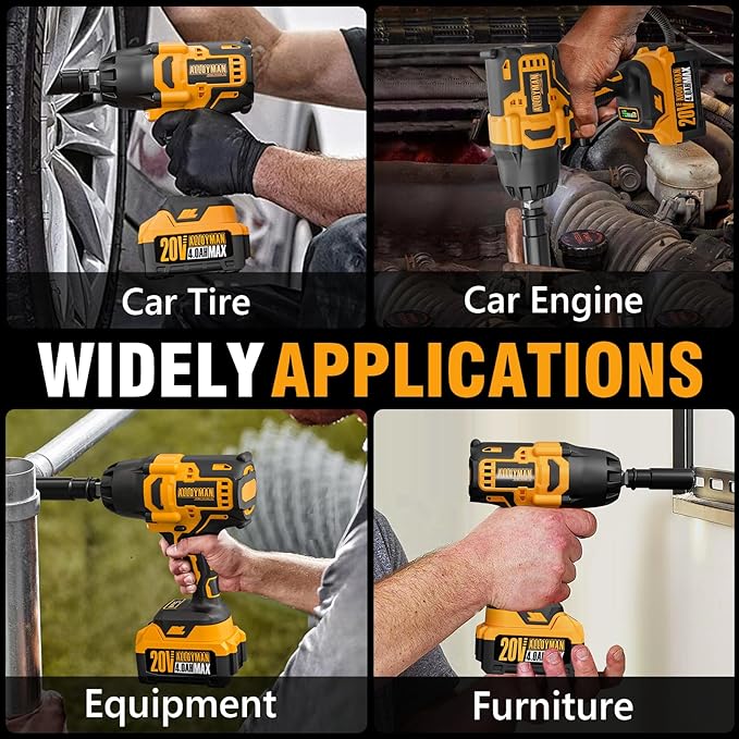 Alloyman 1/2 inch Cordless Impact Wrench, (750 N.m) 555 Ft-lbs Hight Torque Electric Impact Gun,20V Power Impact Driver, Brushless Motor 2000 RPM, 6 Sockets,3 Extension Bars, 4.0AH Li-ion Battery