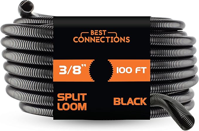BEST CONNECTIONS (3/8" x 100 ft) Split Wire Loom Flex-Guard Convoluted Tubing Protective Split Cable Sleeves for Automotive Home Industrial Electrical Wires Chemical Resistant Conduit Black