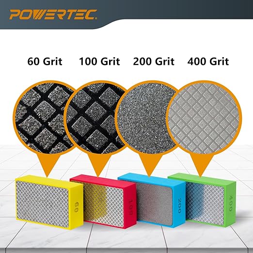 POWERTEC 72306 Diamond Hand Polishing Pads 3Pack, 60, 100 & 200 Grits, Diamond Sanding Block for Polishing and Grinding Porcelain, Ceramic Tile, Glass, Granite, Stone, Wood & Metal