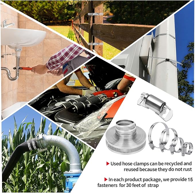 Hose Clamps 30FT Strap+15 Fasteners,DIY Cut-To-Fit 304 Stainless Steel Adjustable Large Worm Gear Band Clamp Assortment Kit,Metal Screw Fasteners and Strapping for Pipe,Duct,Pole,Tube