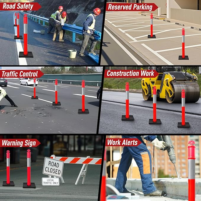 (12 Pack) CJ Safety 44" Tall Delineator Post Barrier Cones Black Heavy Duty Rubber Base, Reflective Band for Driveway, Parking Cones, Construction Safety Cones (Set of 12 Orange Traffic cones)