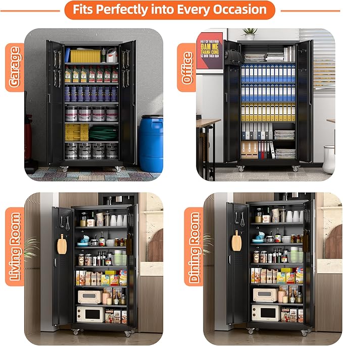 Aobabo 71" H×34" W×18" D Metal Storage Cabinet with Wheels, Locking Steel Storage Cabinet with 4 Hooks, 5 Shelves for Garage, Home Office, School, Assembly Required, Black