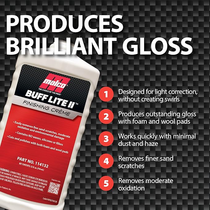Malco Buff Lite II Finishing Crème – One-Step Professional Cutting, Polishing and Finishing Compound/Removes Brush Marks, Car Wash Scratches, and Snow Brush Scratches / 32 Oz. (114132)