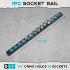 1/4-Inch Drive Magnetic Socket Organizer, Heavy Duty Aluminum Socket Rail Organizer, 360° Swivel Clips Socket Holder Kit for Tool Box, 1/4-Inch Socket Holder x 14 Clips (Aqua Blue)