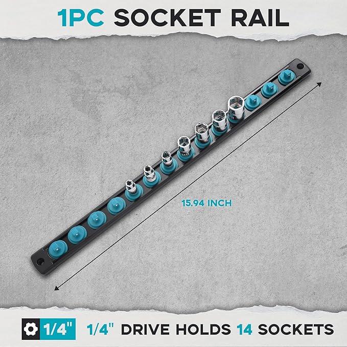 1/4-Inch Drive Magnetic Socket Organizer, Heavy Duty Aluminum Socket Rail Organizer, 360° Swivel Clips Socket Holder Kit for Tool Box, 1/4-Inch Socket Holder x 14 Clips (Aqua Blue)