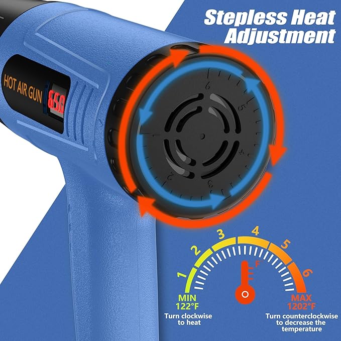 Heat Gun for Vinyl Wrap,Shrink Tubing,Paint,Epoxy Resin,Candle Making,Adjustable Temperature,Overload Protection Hot Air Gun Kit Nozzles(Side Temp Display + Stepless Temp Control)