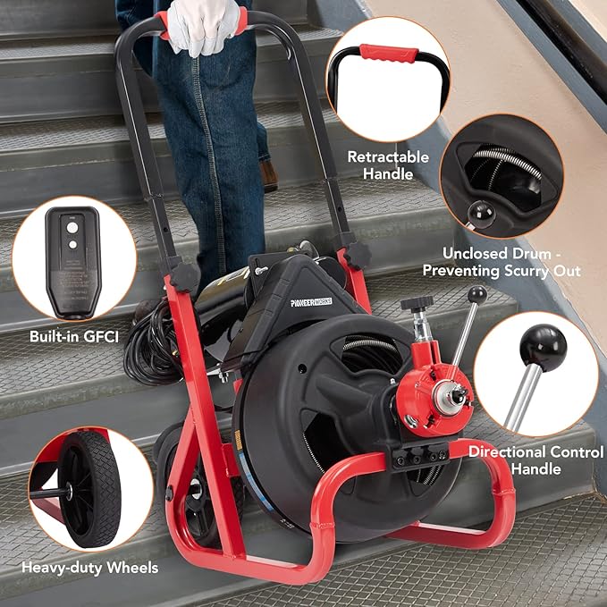 PIONEERWORKS 100Ft x 3/8In Drain Cleaner Machine, Auto-feed Professional 6.8A Electric Drain Auger, Air-Activated Foot Switch, w/ 6 Cutters, Gloves, Drain Auger Cleaner Sewer Snake