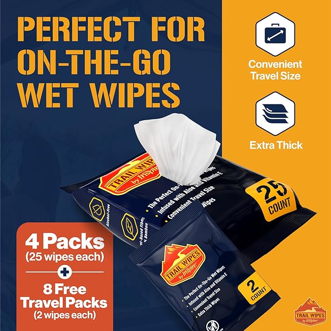 Inspire Trail Wipes | Camping Wipes Body Wipes Adults | Biodegradable Wipes For Camping, Travel, Gym With Aloe And Vitamin E | No Rinse Bathing Shower Wipes Women Or Men