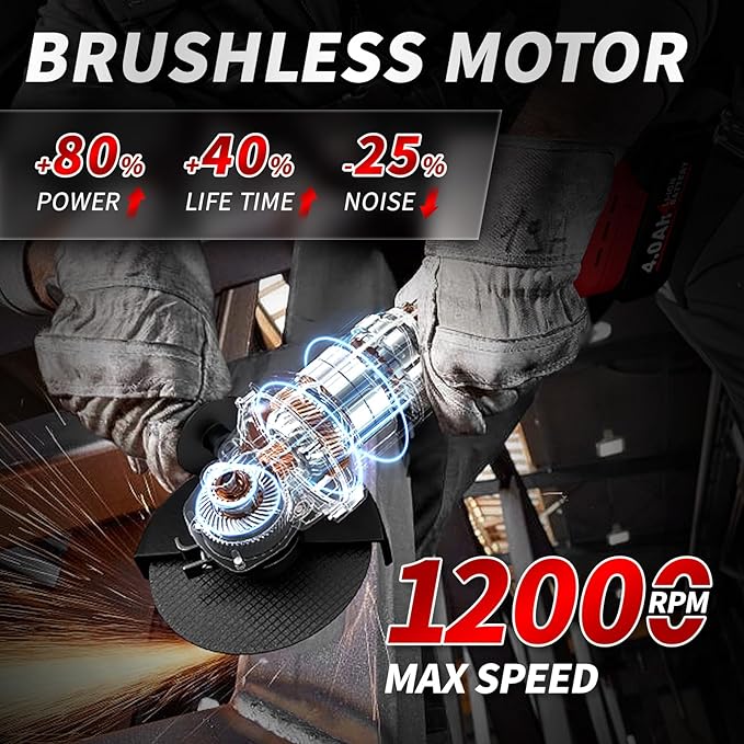 Cordless Angle Grinder 4-1/2", Brushless Metal Grinder 12000 RPM, Power Angle Grinder with 2 * 4.0Ah Batteries & 3 Cutting Wheels, Electric Grinder Tool Kit for Cutting, Grinding
