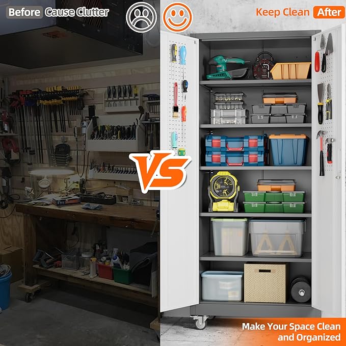 Aobabo 71" H x 32" W x 16" D Metal Storage Cabinet with Wheels, Garage Steel Storage Cabinet with 5 Adjustable Shelves and 4 Hooks for Home Office School, Assembly Required, Grey White