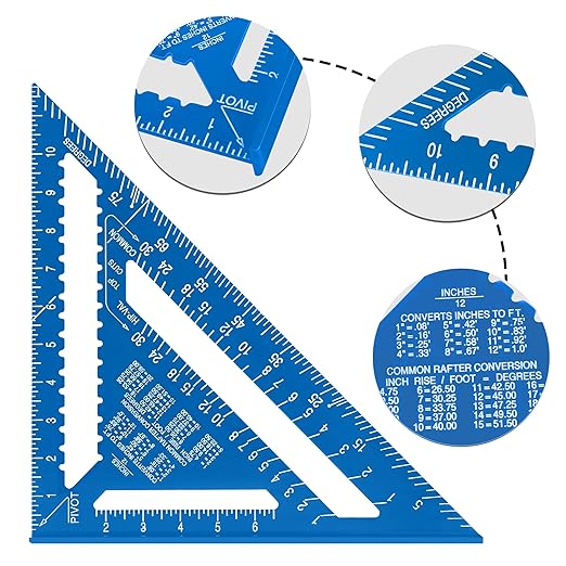 Beslands Aluminum 12-inch Rafter Square Carpenter Measuring Layout Tool Alloy Metal Triangle Ruler Imperial Protractor for Woodworking and Carpentry Blue