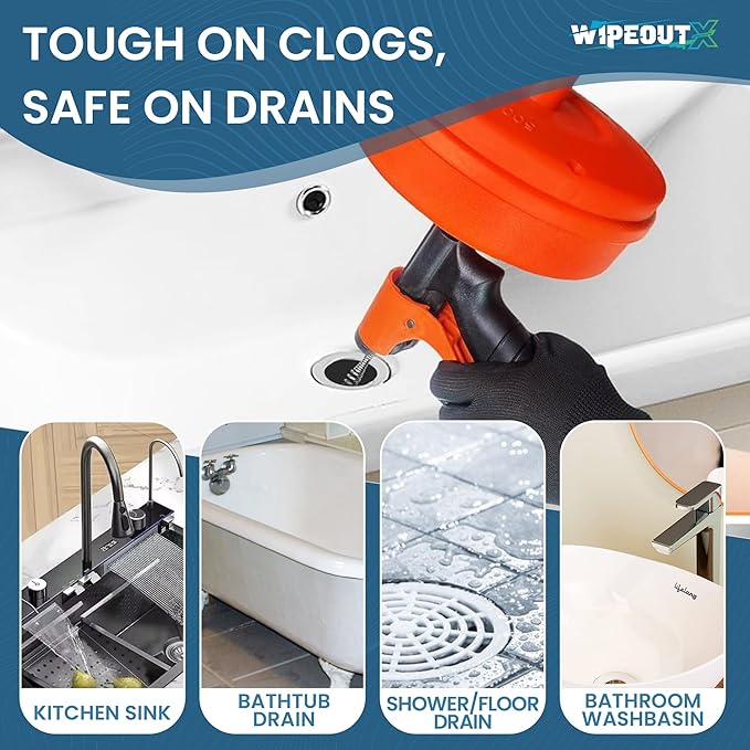 50ft drain auger with Drill Attachment Kit Includes drain snake Gloves Glasses Brushes Plastic Drainers and Bag for Quick Clog Removal