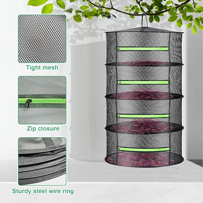 1.5ft Herb Drying Rack Net Mesh with Green Zippers Hydroponics, Bonus Hook Drying Rack for Plant Bud Seed, Mesh Hanging Plant Dry, Herb Dry Net for Garden (4 Layers, Green Zipper)