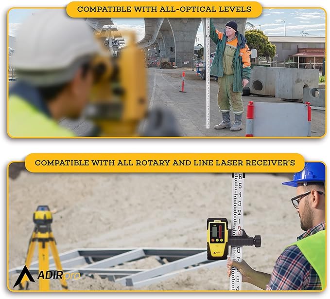 AdirPro 16-Foot Aluminum Grade Rod - 10ths, Dual Sided 5-Section Telescopic Leveling Rod – Bubble Level and Soft Carrying Case Included