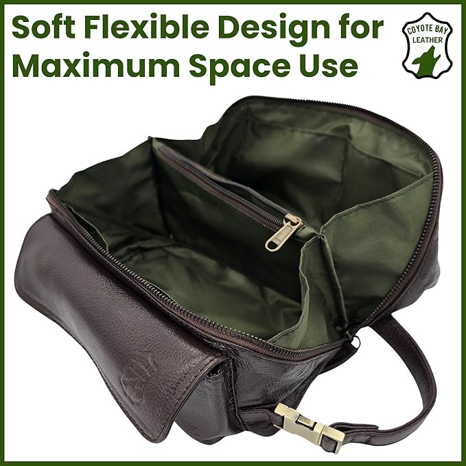 Coyote Bay® Premium Full Grain Soft Leather Makeup Bag Large 9 Inch, Travel Organizer Pouch, Shaving Kit, Cosmetics Toiletry Bathroom Organizer Kit