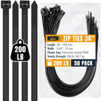 ALBO Black Zip Ties 36 Inch Plastic Cable Ties 50 Pack Tie Wraps Heavy Duty 200lb UV Resistant Nylon Wire Ties