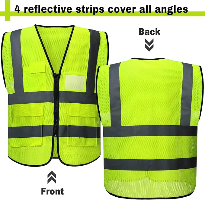 15 Pack Safety Vests Bulk Yellow Reflective High Visibility Vest with Mesh Pocket Zipper, Hi Vis Silver Strip for Men, Neon