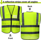 15 Pack Safety Vests Bulk Yellow Reflective High Visibility Vest with Mesh Pocket Zipper, Hi Vis Silver Strip for Men, Neon