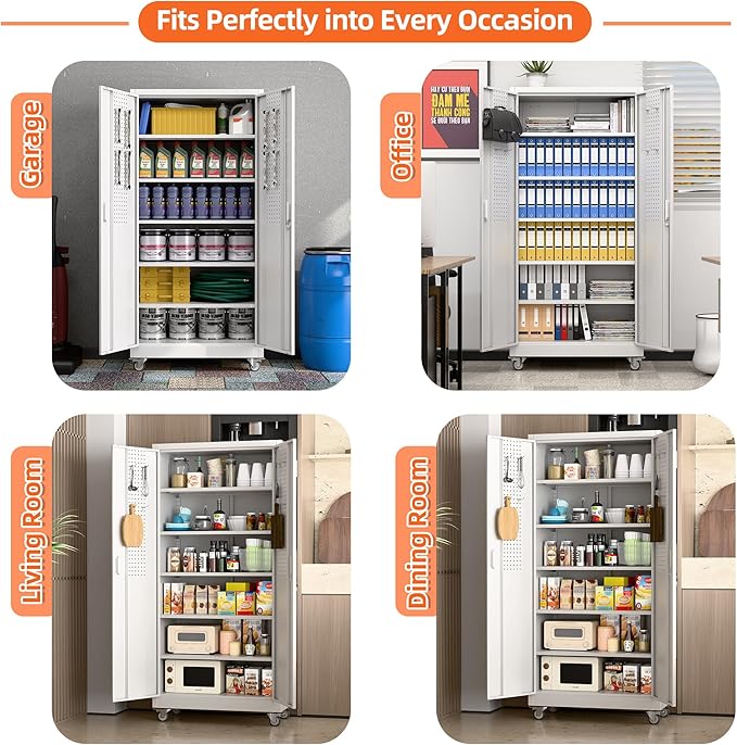 Aobabo 71" H×32" W×16" D Metal Storage Cabinet with Wheels, Garage Steel Storage Cabinet with 5 Adjustable Shelves and 4 Hooks for Home Office, Kitchen, White, Assembly Required